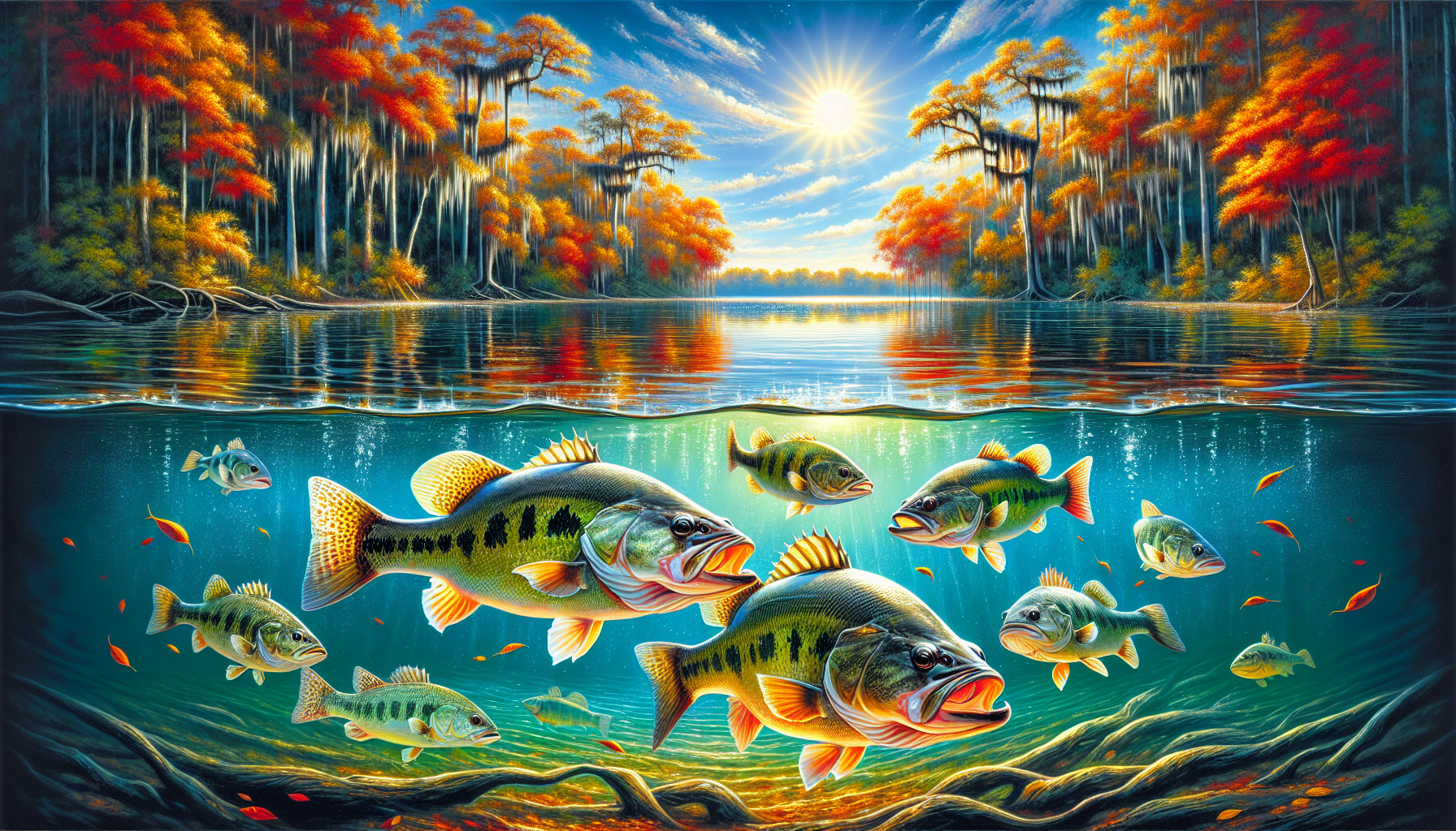 Showcasing various bass fish swimming in a fall bass fishing Florida