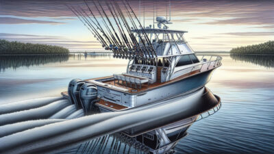 A professional fishing charter boat sailing on the tranquil waters, representing guided fishing experiences in Syracuse, NY