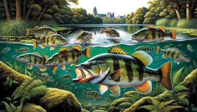  illustration of smallmouth bass swimming in a clear lake, representing the top fish species in Syracuse, NY