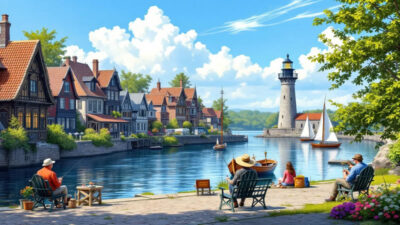 Outdoor activities along the St. Lawrence River, including fishing and boating